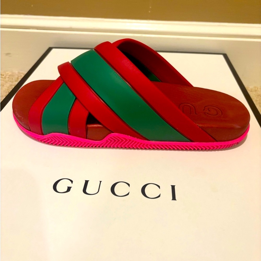 Gucci Red and Green Crisscross web Slides - Picture 3 of 10